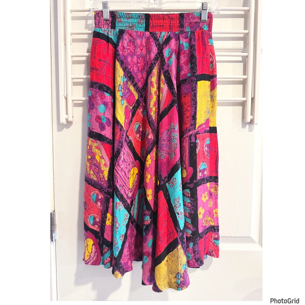 Vintage Carole Little Geometric Multi Color Print Midi Skirt Size 4 Gypsy Indie